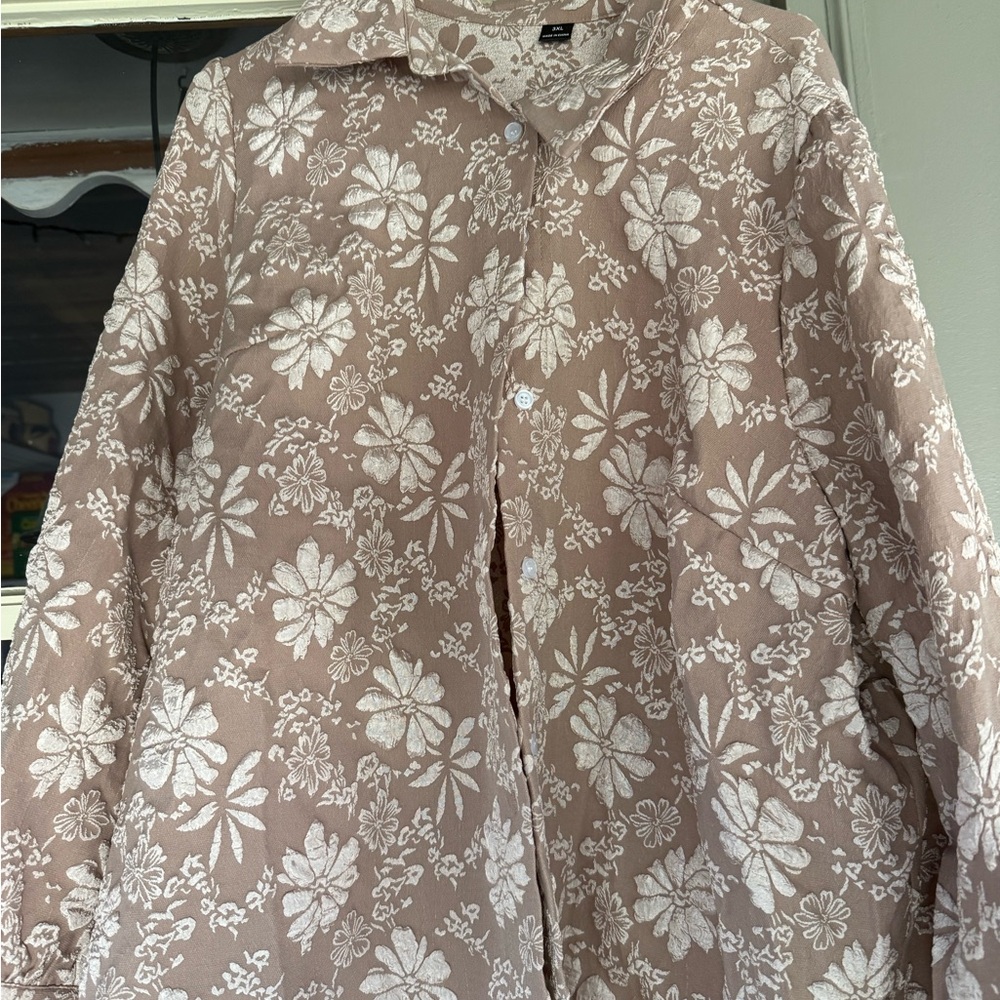 SHEIN Brown Floral Button Down Shirt